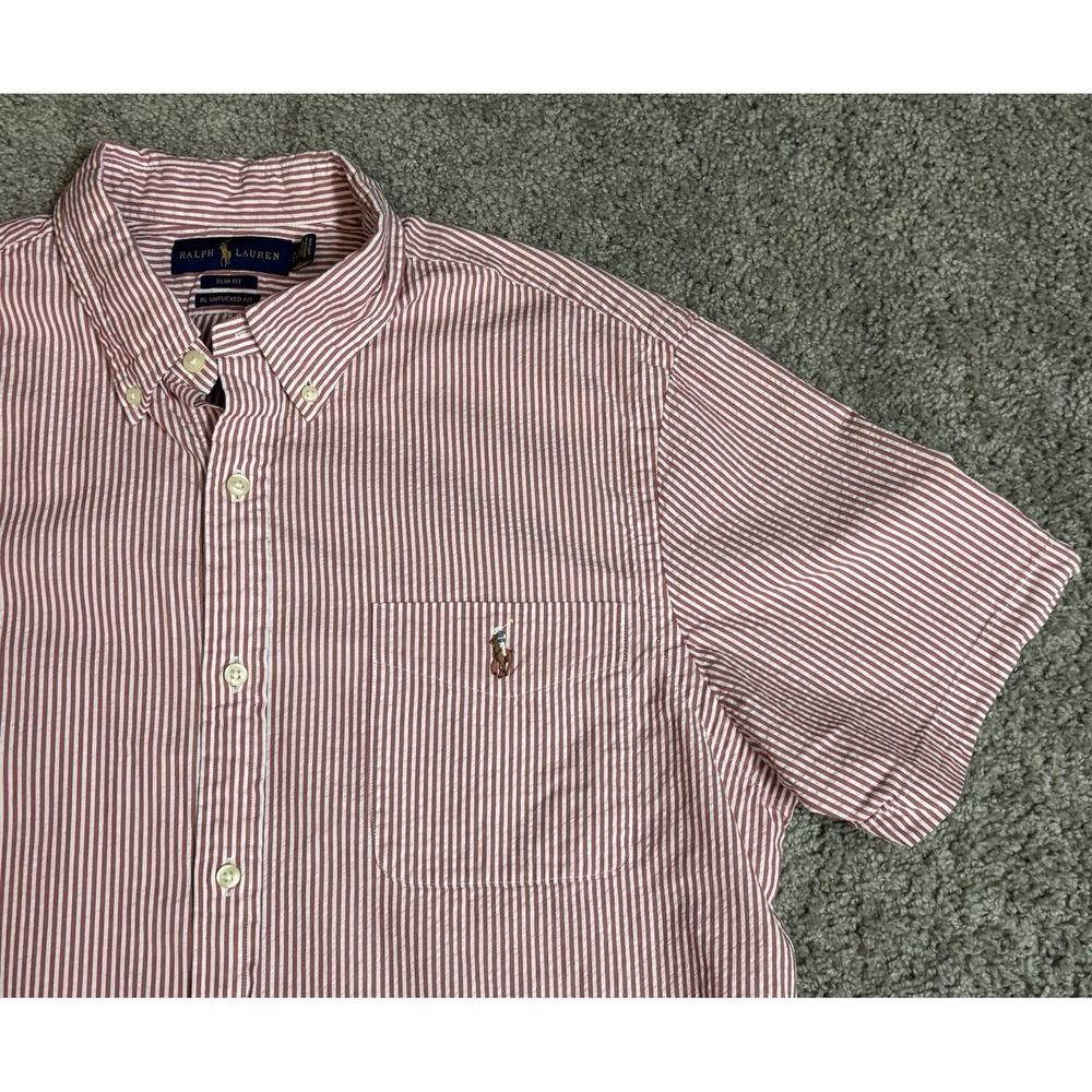 Ralph Lauren RL Untucked Fit Seersucker Shirt Mens 2XL Red Striped Slim Flesh